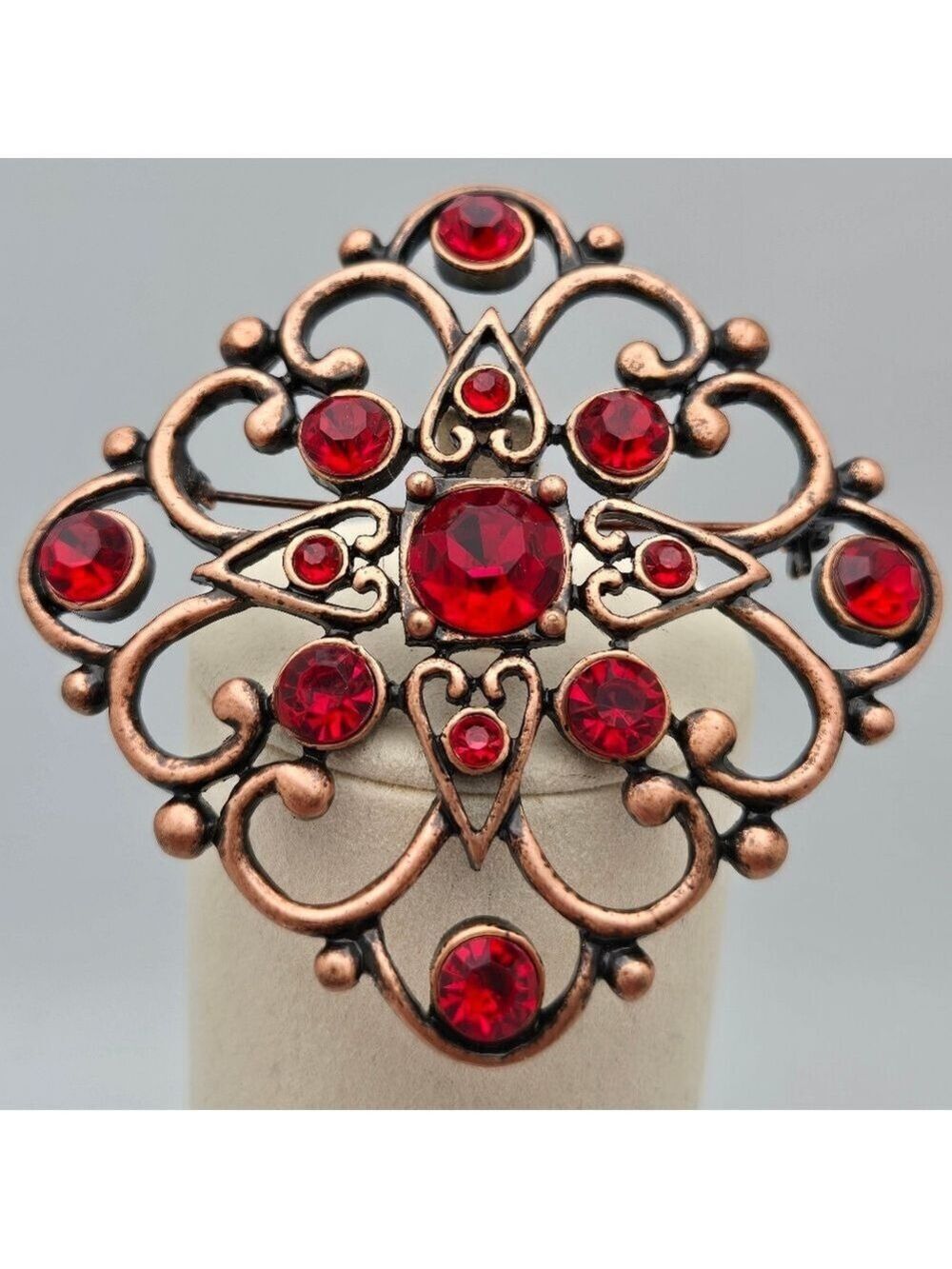 Ruby Red & Gold Tone Filigree Brooch Antique Vintage Look Pin